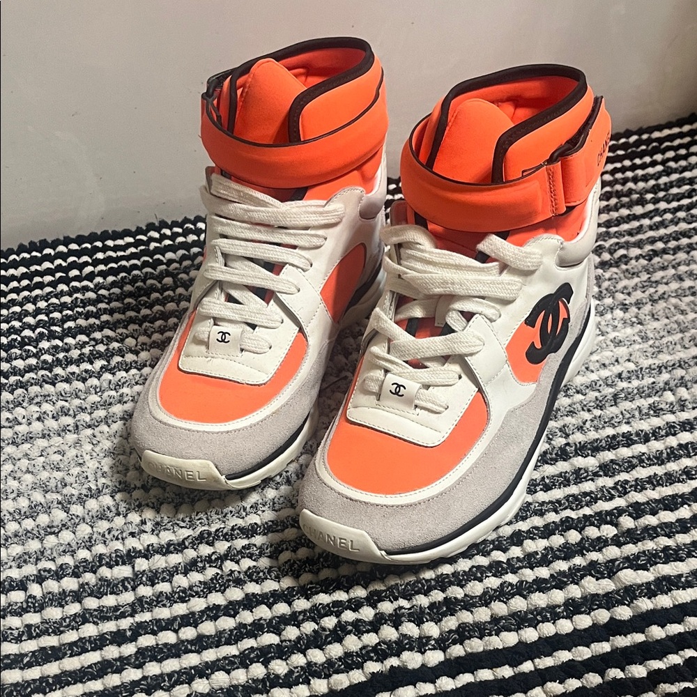CHANEL Vibrant Orange and White Sneakers